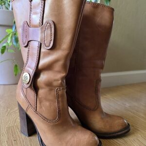 BCBGeneration Tan Leather Mid-Calf Heeled Boots
